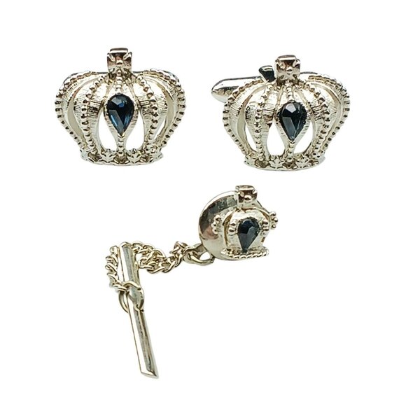 Vintage Swank Crown Cufflinks & Tie Tack Set With Blue Stone Accents - Picture 1 of 2
